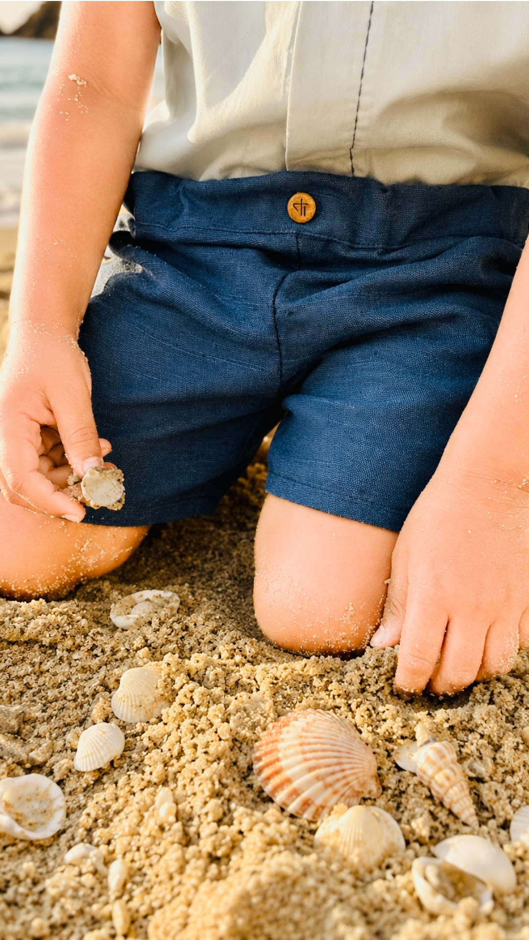 Ocean Breeze Knit Shorts — boy in organic cotton linen shorts, lifestyle shot