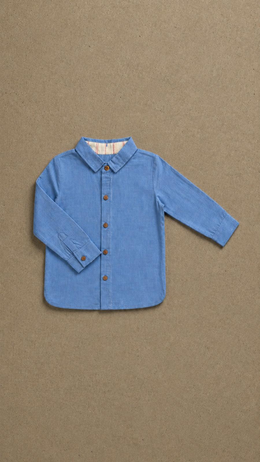 Little Mariner Classic Shirt — ocean blue cotton linen shirt for boys, front view