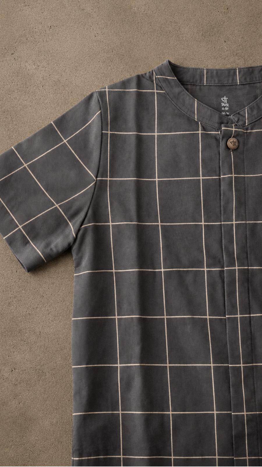 Midnight Grid Shirt — boys organic cotton linen check shirt, back view