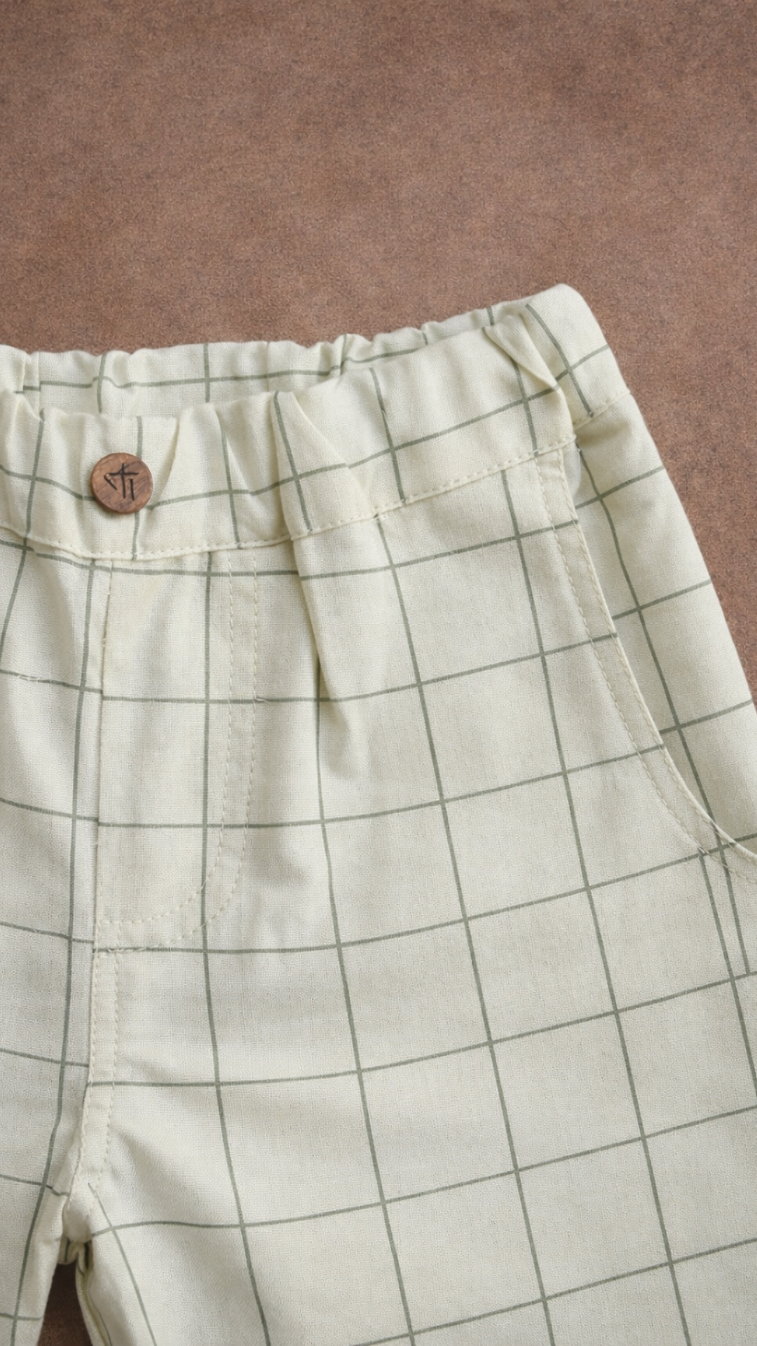 Olive Grid Cream Pants — boys organic cotton pants, back view