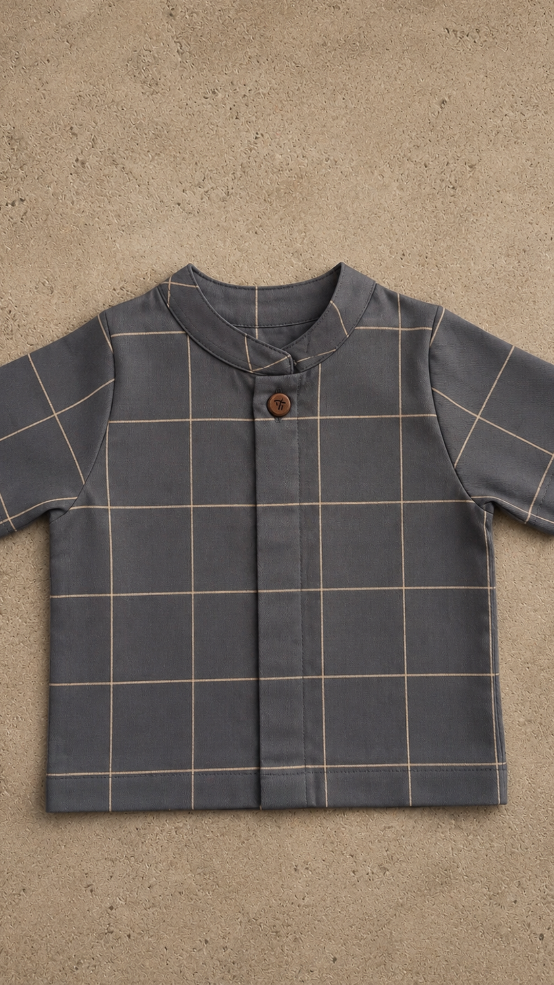 Midnight Grid Shirt — charcoal windowpane cotton linen shirt for boys, front view