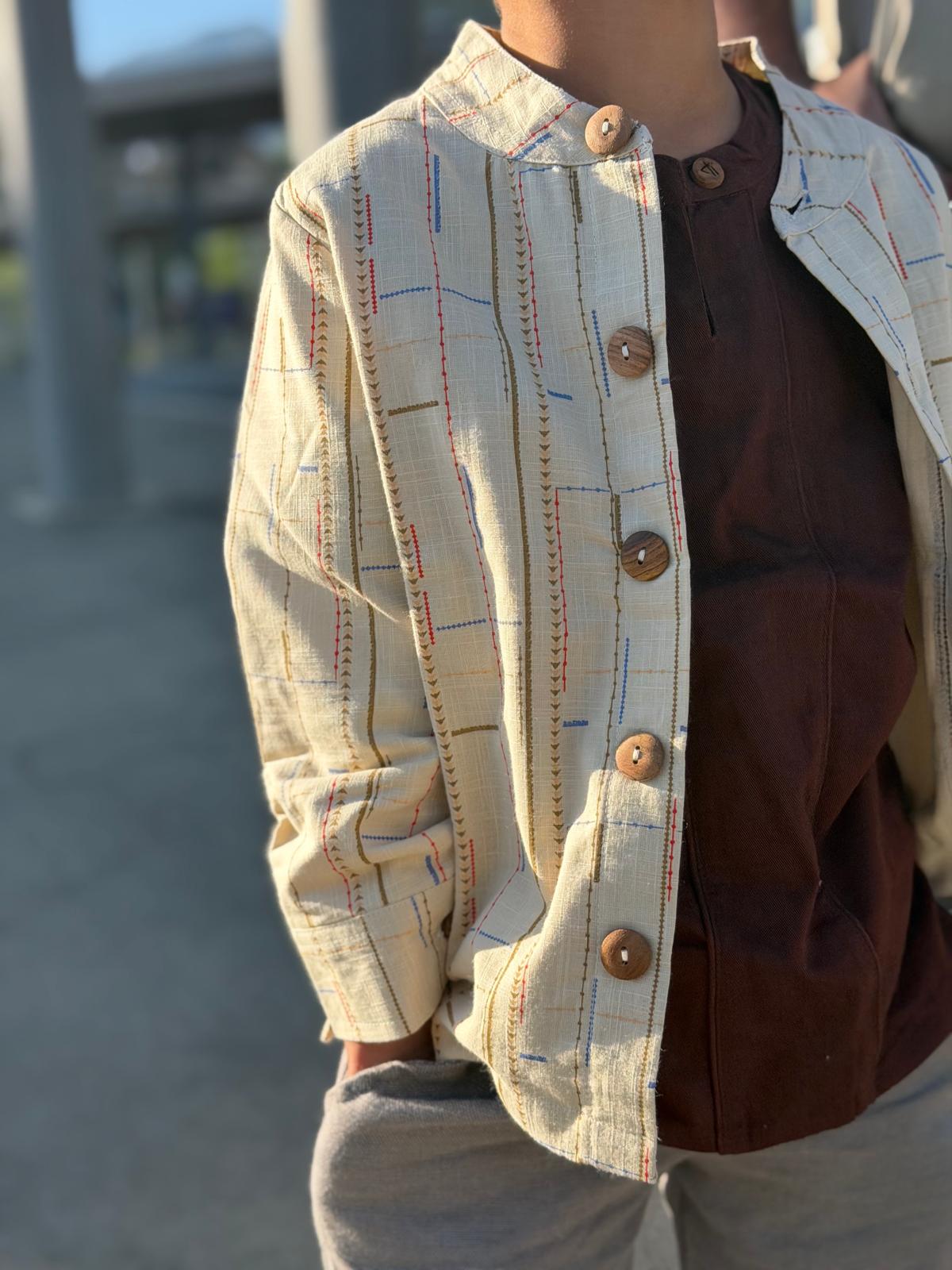 Ivory Thread-Print Cardigan — little boy wearing ivory thread-print cardigan