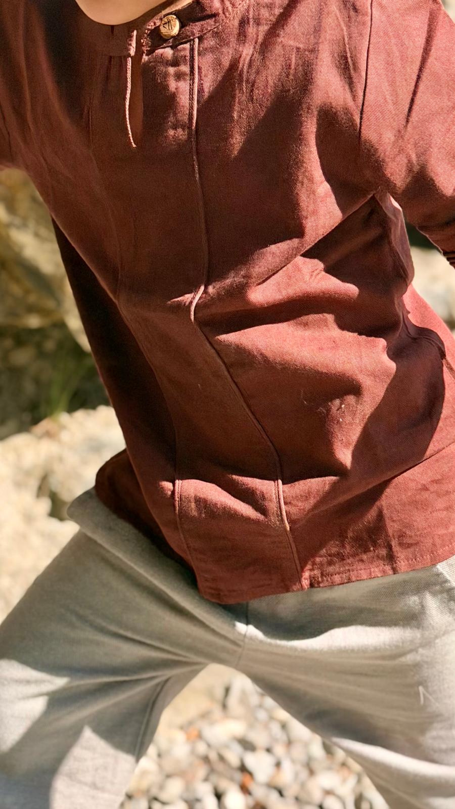 Cocoa Ridge Shirt — mandarin collar and cord detail close-up