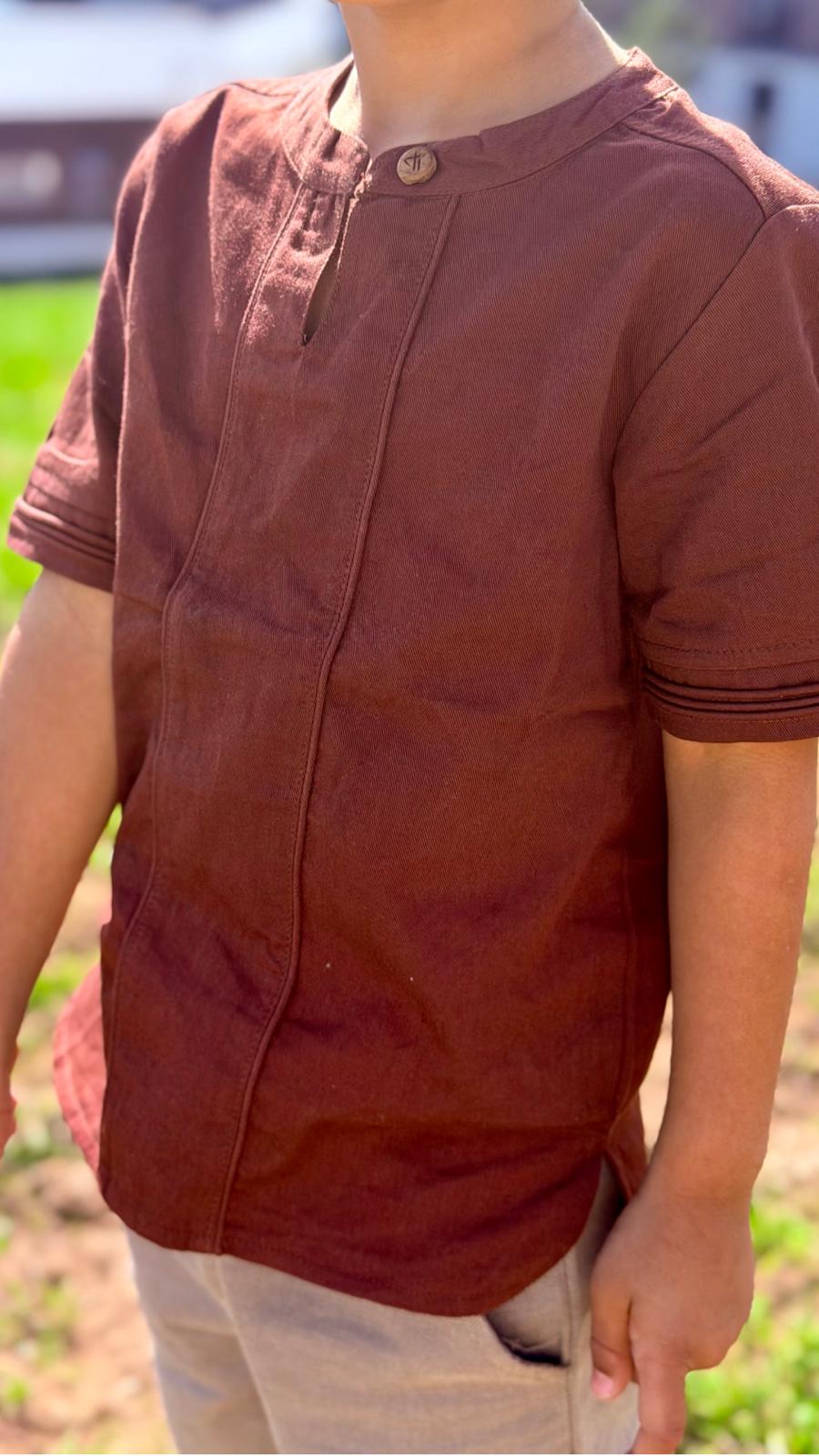 Cocoa Ridge Shirt — boy in cocoa ridge organic cotton shirt, lifestyle shot