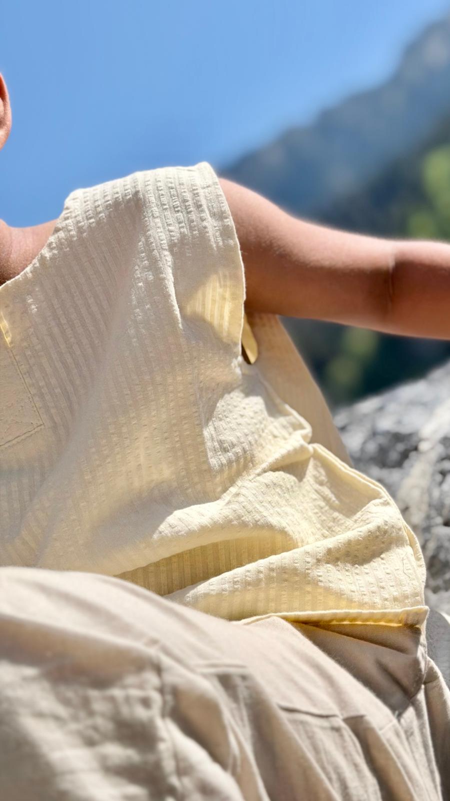 Dobby Stripe Classic Shirt — boy in organic cotton dobby shirt, lifestyle shot