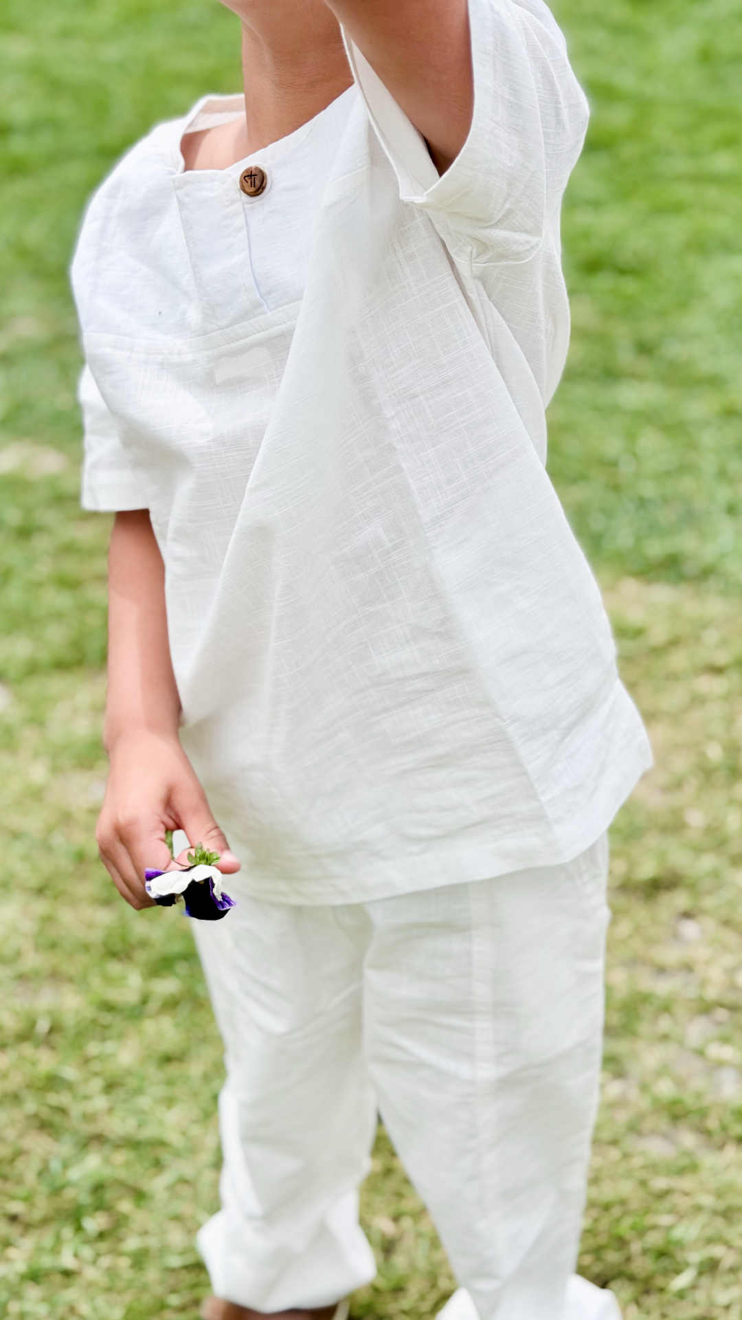 Cloud Dancer Serenity Co-ord — boy wearing Cloud Dancer co-ord, lifestyle shot