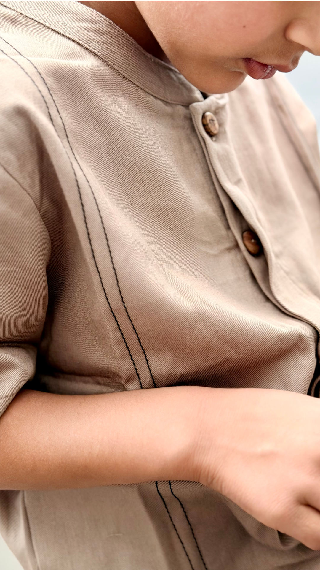 Sandstone Line Shirt — little boy wearing sandstone cotton linen shirt