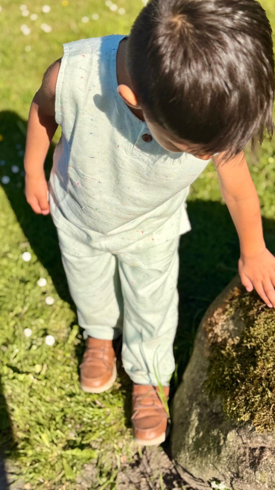 Cloud Fleck Co-Ord Set — boy wearing flecked organic cotton co-ord, lifestyle
