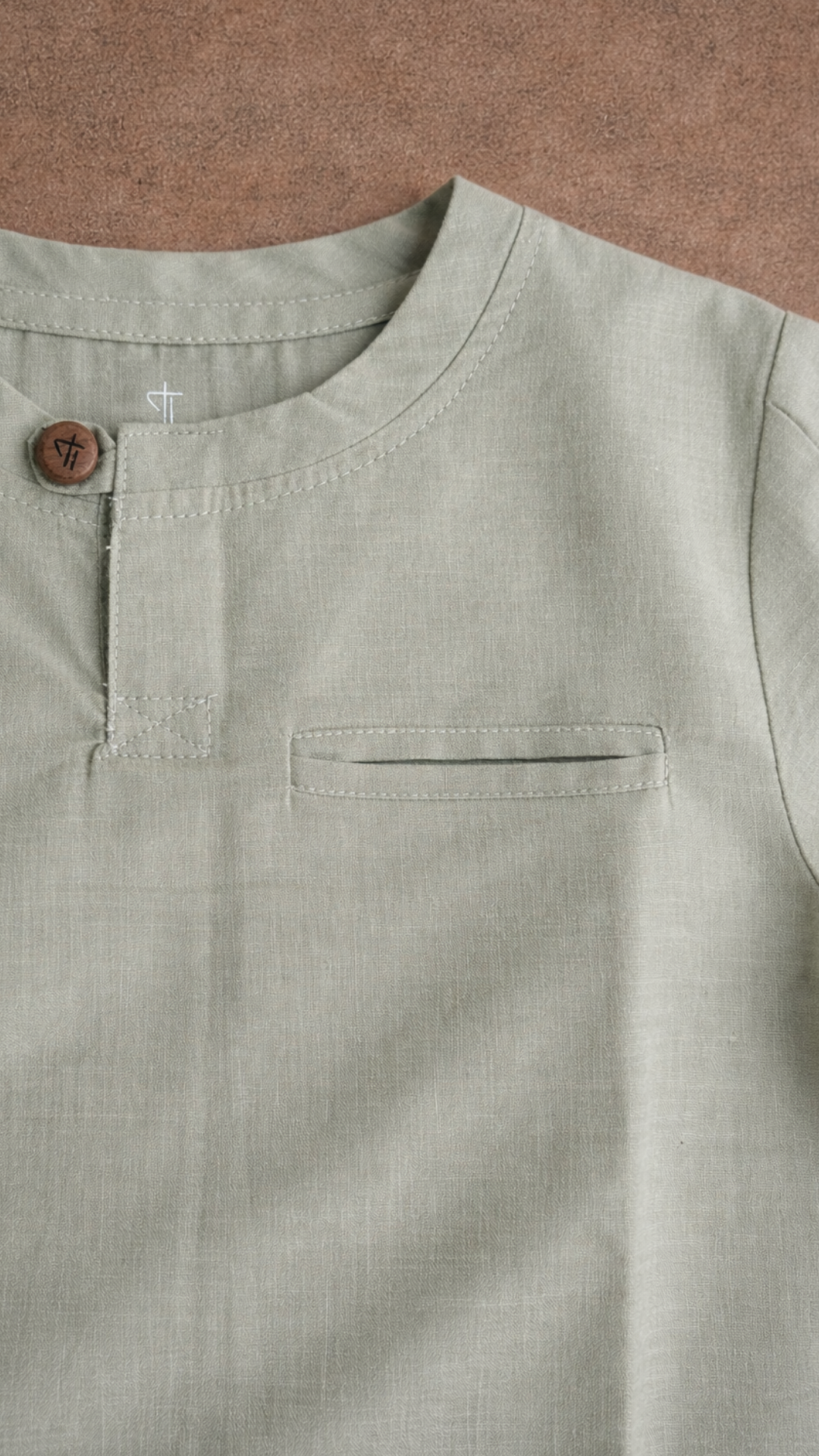 Sagewood Reverie Top — little boy wearing sage cotton shirt