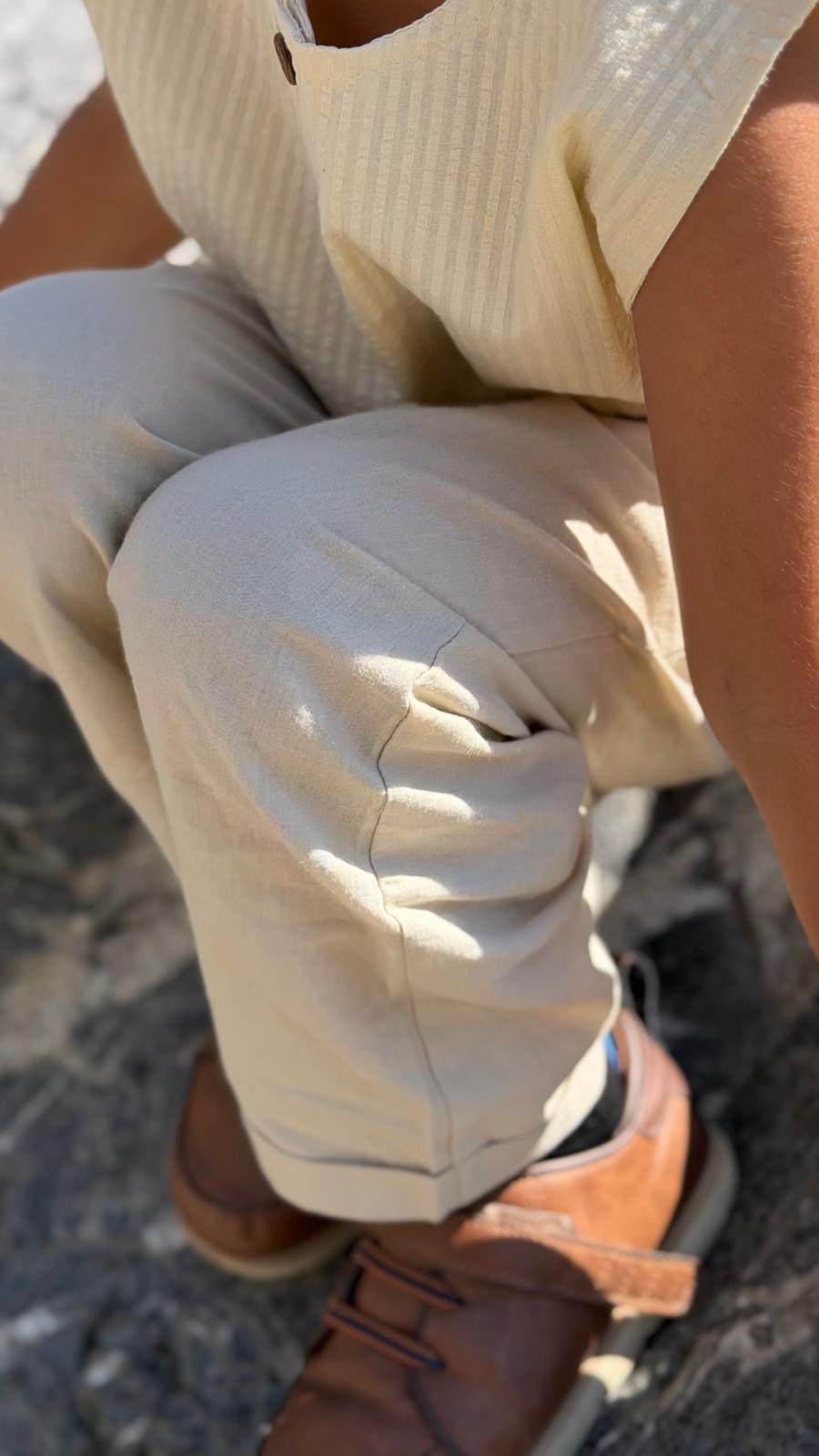 Willow Walk Pants — wooden button and pocket detail close-up